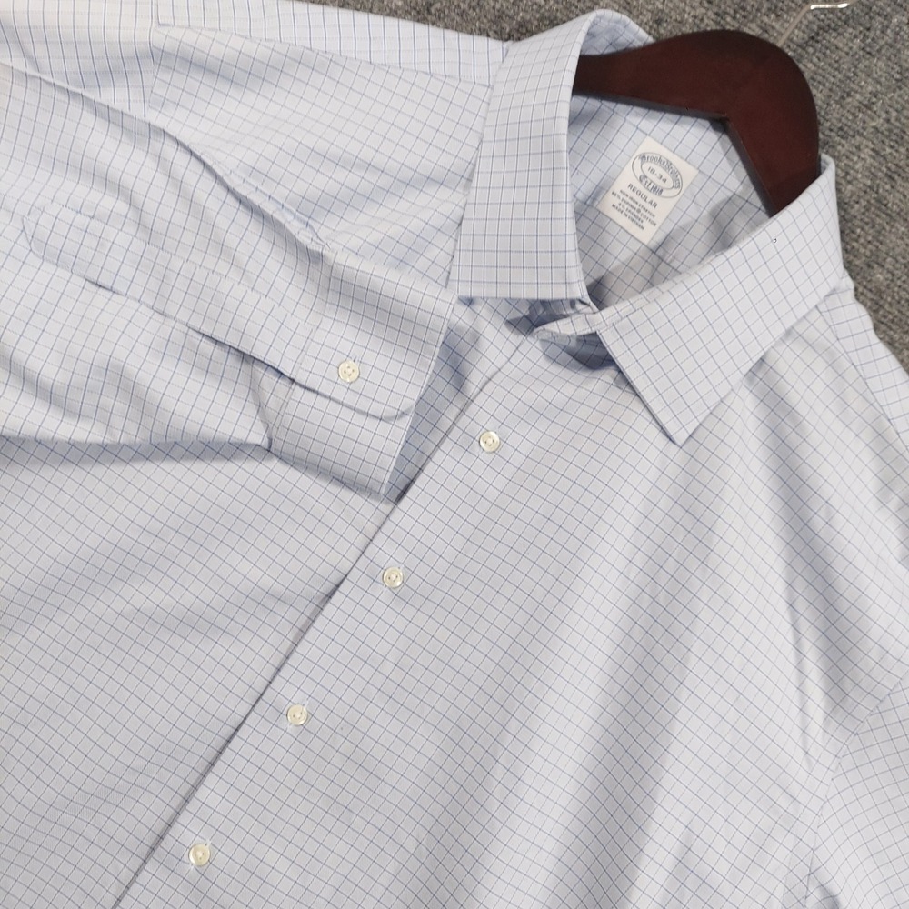 Brooks Brothers Dress Shirt Mens 18-34 Blue Grid Check Non-Iron Supima Stretch